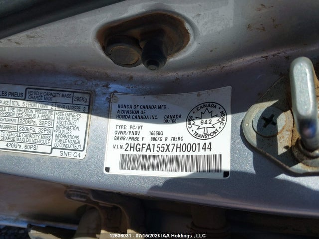 Aukcja sprzedaży 2007 Honda Civic Lx, vin: 2HGFA155X7H000144, numer aukcji: 12636031