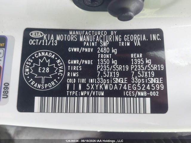 12636034 :رقم المزاد ، 5XYKWDA74EG524599 vin ، 2014 Kia Sorento مزاد بيع