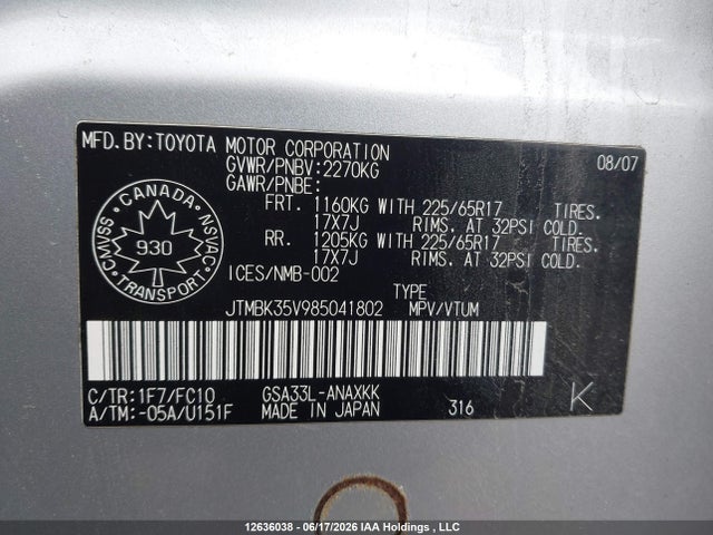 Продажа на аукционе авто 2008 Toyota Rav4, vin: JTMBK35V985041802, номер лота: 12636038