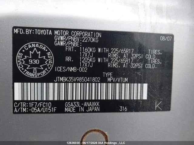Продажа на аукционе авто 2008 Toyota Rav4, vin: JTMBK35V985041802, номер лота: 12636038