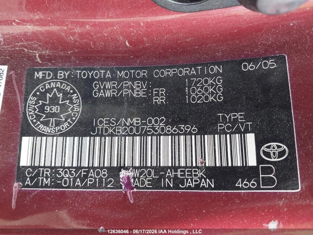 2005 Toyota Prius მანქანა იყიდება აუქციონზე, vin: JTDKB20U753086396, აუქციონის ნომერი: 12636046