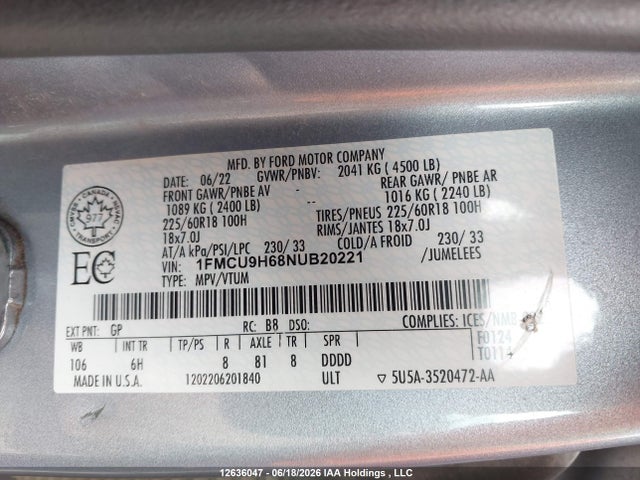 Ford ESCAPE SEL 2022 1FMCU9H68NUB20221 Image 9