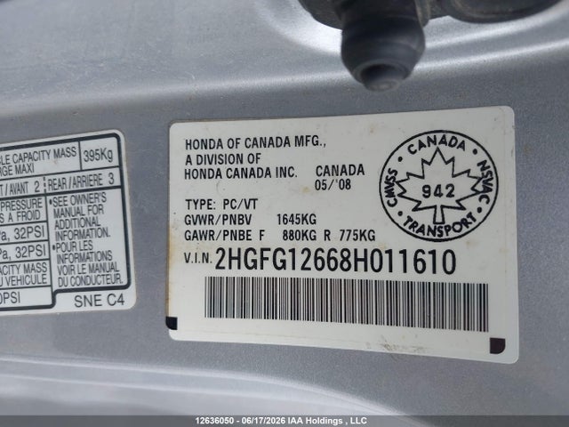 Продаж на аукціоні авто 2008 Honda Civic Lx, vin: 2HGFG12668H011610, номер лоту: 12636050