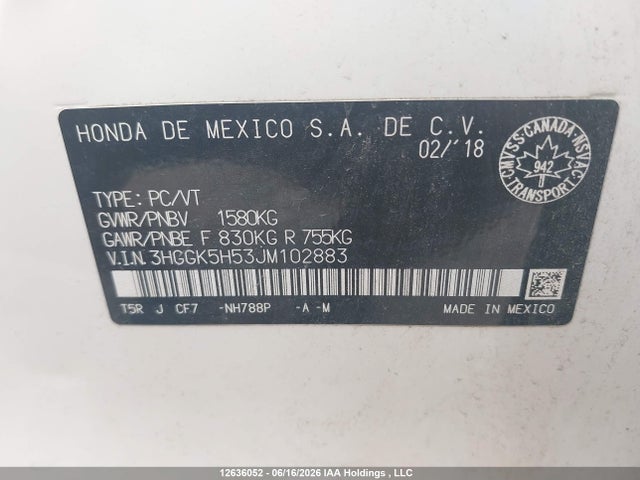 2018 Honda Fit Lx მანქანა იყიდება აუქციონზე, vin: 3HGGK5H53JM102883, აუქციონის ნომერი: 12636052