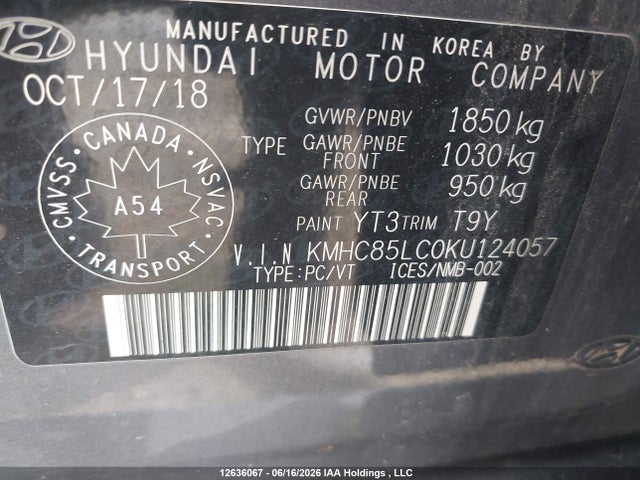 12636067 :رقم المزاد ، KMHC85LC0KU124057 vin ، 2019 Hyundai Ioniq Limited مزاد بيع