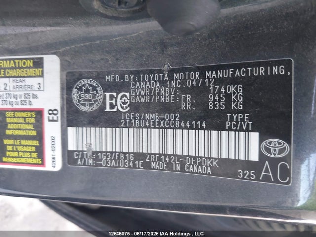 2012 Toyota Corolla Ce მანქანა იყიდება აუქციონზე, vin: 2T1BU4EEXCC844114, აუქციონის ნომერი: 12636075