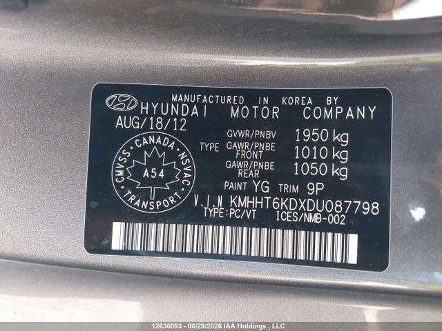 12636083 :رقم المزاد ، KMHHT6KDXDU087798 vin ، 2013 Hyundai Genesis 2.0t R-spec مزاد بيع