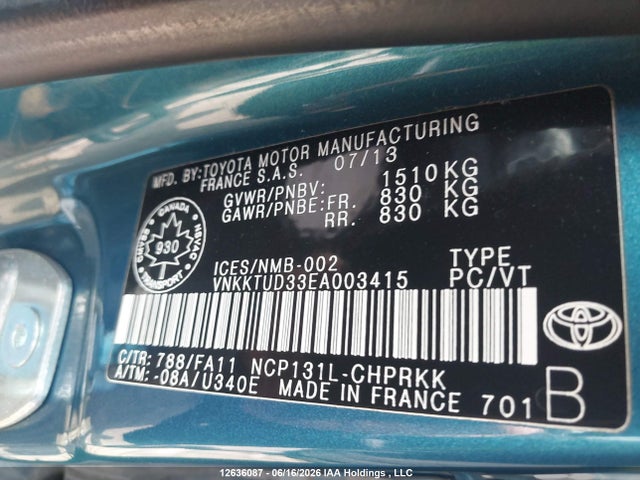 12636087 :رقم المزاد ، VNKKTUD33EA003415 vin ، 2014 Toyota Yaris Le مزاد بيع