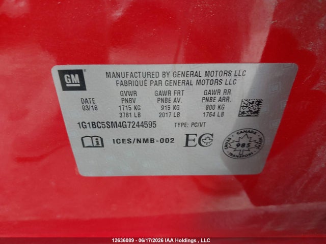 Продажа на аукционе авто 2016 Chevrolet Cruze Ls Auto, vin: 1G1BC5SM4G7244595, номер лота: 12636089