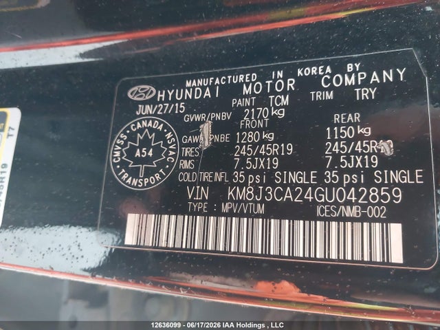 2016 Hyundai Tucson Premium 1.6 მანქანა იყიდება აუქციონზე, vin: KM8J3CA24GU042859, აუქციონის ნომერი: 12636099