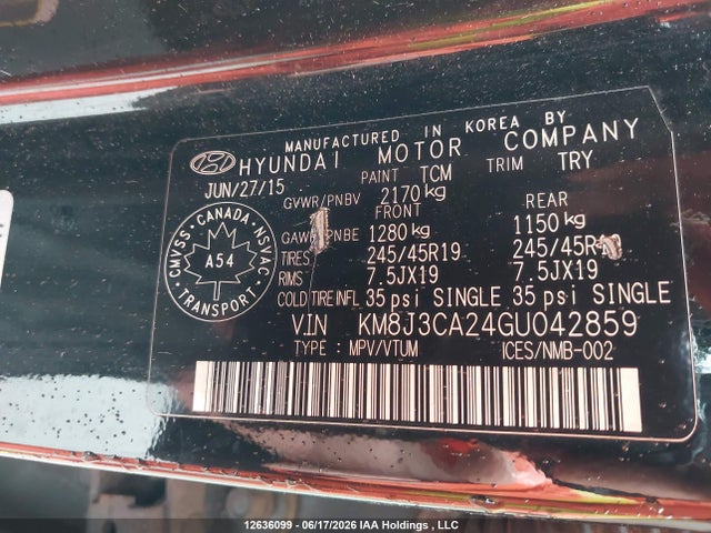 2016 Hyundai Tucson Premium 1.6 მანქანა იყიდება აუქციონზე, vin: KM8J3CA24GU042859, აუქციონის ნომერი: 12636099