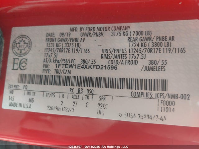12636107 :رقم المزاد ، 1FTEW1E4XKFD21596 vin ، 2019 Ford F150 Supercrew مزاد بيع