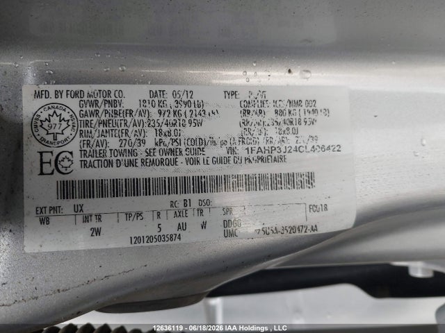 Продажа на аукционе авто 2012 Ford Focus Titanium, vin: 1FAHP3J24CL406422, номер лота: 12636119