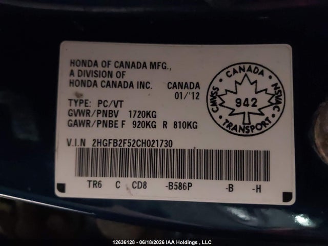 Aukcja sprzedaży 2012 Honda Civic, vin: 2HGFB2F52CH021730, numer aukcji: 12636128