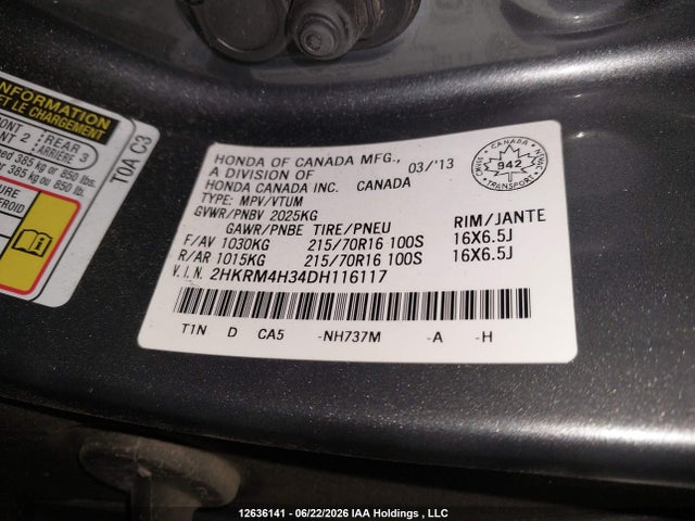 Aukcja sprzedaży 2013 Honda Cr-v Lx, vin: 2HKRM4H34DH116117, numer aukcji: 12636141