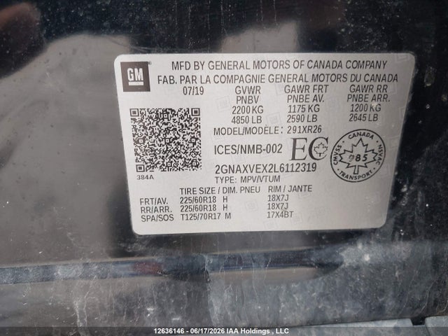 Продажа на аукционе авто 2020 Chevrolet Equinox Lt, vin: 2GNAXVEX2L6112319, номер лота: 12636146