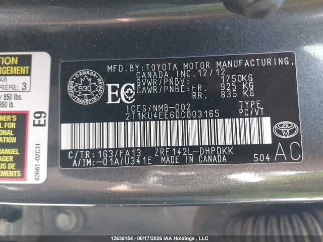 2013 Toyota Matrix Wagon მანქანა იყიდება აუქციონზე, vin: 2T1KU4EE6DC003165, აუქციონის ნომერი: 12636154