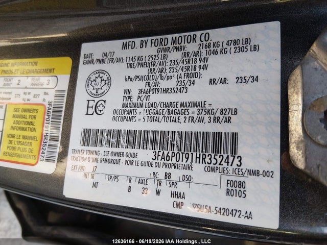 Aukcja sprzedaży 2017 Ford Fusion Se, vin: 3FA6P0T91HR352473, numer aukcji: 12636166