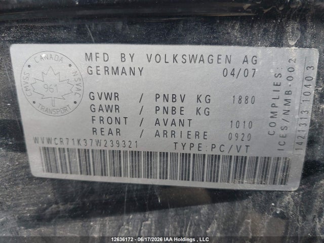 Aukcja sprzedaży 2007 Volkswagen Rabbit, vin: WVWCR71K37W239321, numer aukcji: 12636172