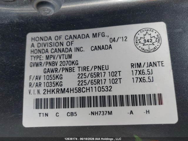 12636174 :رقم المزاد ، 2HKRM4H58CH110532 vin ، 2012 Honda Cr-v مزاد بيع