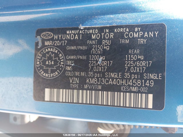 Aukcja sprzedaży 2017 Hyundai Tucson Limited/sport And Eco/se, vin: KM8J3CA40HU458149, numer aukcji: 12636194