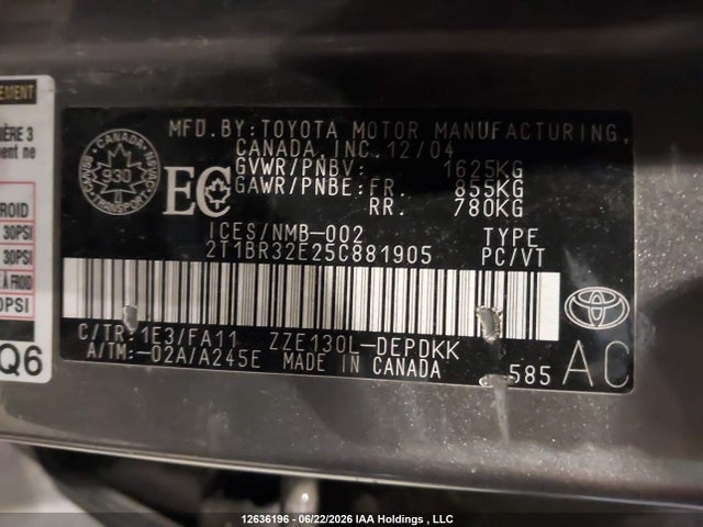 12636196 :رقم المزاد ، 2T1BR32E25C881905 vin ، 2005 Toyota Corolla Ce/le/s مزاد بيع