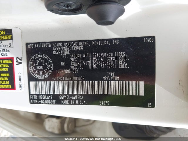 Aukcja sprzedaży 2009 Toyota Venza, vin: 4T3BK11A09U001058, numer aukcji: 12636211