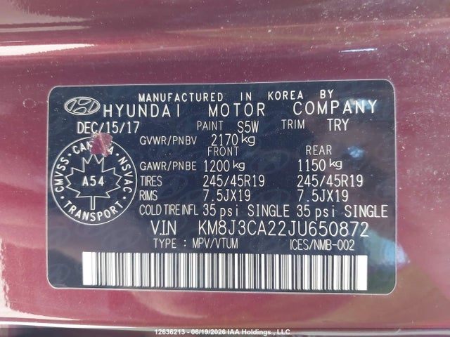 2018 Hyundai Tucson Limited/sport And Eco/se მანქანა იყიდება აუქციონზე, vin: KM8J3CA22JU650872, აუქციონის ნომერი: 12636213