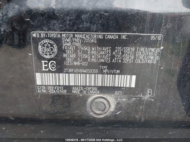 2010 Toyota Rav4 Sport მანქანა იყიდება აუქციონზე, vin: 2T3RF4DV8AW059359, აუქციონის ნომერი: 12636216