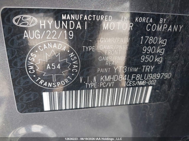 12636223 :رقم المزاد ، KMHD84LF8LU989790 vin ، 2020 Hyundai Elantra Preferred Auto Ivt مزاد بيع