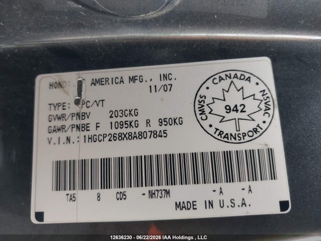 2008 Honda Accord Exl მანქანა იყიდება აუქციონზე, vin: 1HGCP268X8A807845, აუქციონის ნომერი: 12636230
