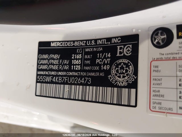 Продажа на аукционе авто 2015 Mercedes-benz C 300 4matic, vin: 55SWF4KB7FU026473, номер лота: 12636238