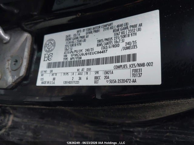 12636249 :رقم المزاد ، 1FMCU9J91EUC94457 vin ، 2014 Ford Escape Titanium مزاد بيع