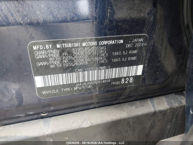 12636255 :رقم المزاد ، JA4J4UA82RZ614605 vin ، 2024 Mitsubishi Outlander Es مزاد بيع