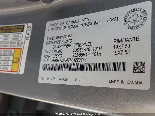 Продаж на аукціоні авто 2021 Honda Cr-v Sport, vin: 2HKRW2H47MH220673, номер лоту: 12636276