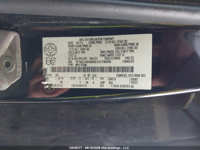 Ford ESCAPE SE 2014 1FMCU0G95EUC78006 Image 9