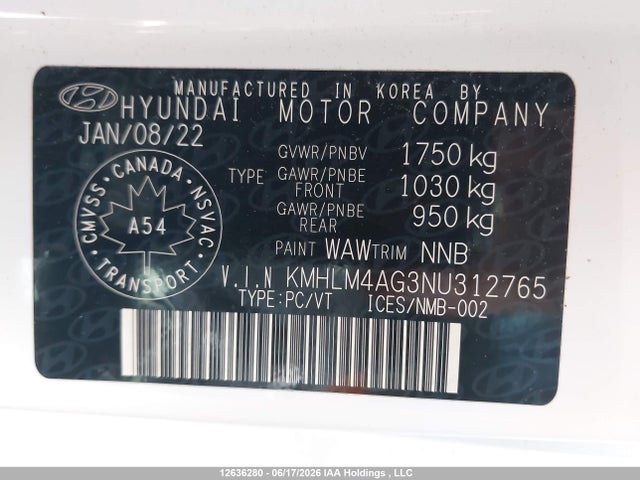 KMHLM4AG3NU312765 Hyundai Elantra Preferred Ivt With Sun And Tech Package