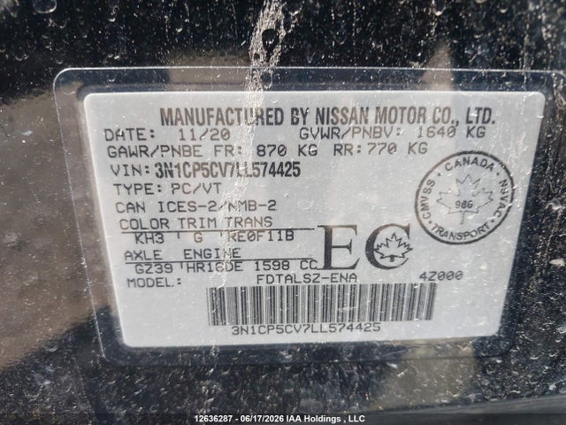 Aukcja sprzedaży 2020 Nissan Kicks Sv, vin: 3N1CP5CV7LL574425, numer aukcji: 12636287