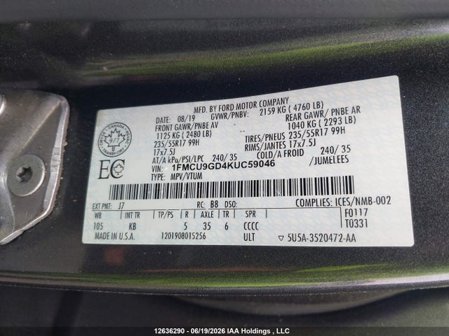 Aukcja sprzedaży 2019 Ford Escape Se, vin: 1FMCU9GD4KUC59046, numer aukcji: 12636290