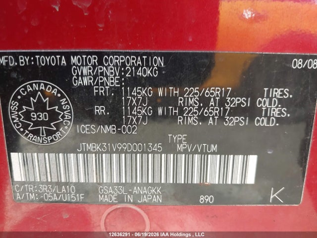 Продажа на аукционе авто 2009 Toyota Rav4 Limited V6, vin: JTMBK31V99D001345, номер лота: 12636291