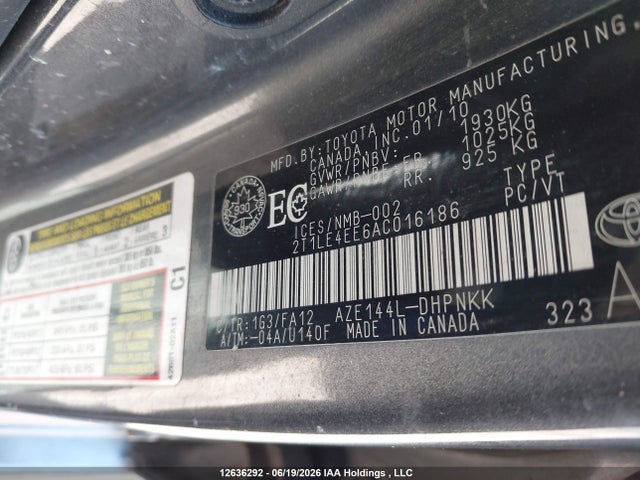 12636292 :رقم المزاد ، 2T1LE4EE6AC016186 vin ، 2010 Toyota Matrix مزاد بيع