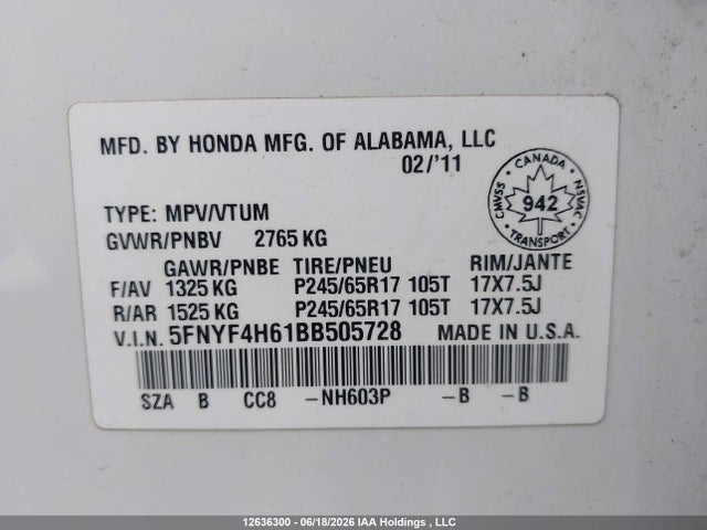Продаж на аукціоні авто 2011 Honda Pilot, vin: 5FNYF4H61BB505728, номер лоту: 12636300