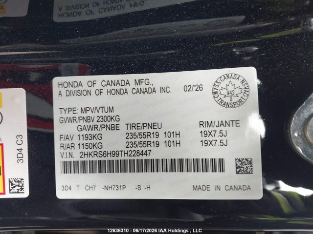 2HKRS6H99TH228447 Honda Cr-v Sport Touring