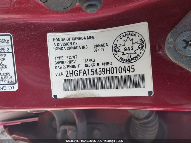 2009 Honda Civic Dx-g მანქანა იყიდება აუქციონზე, vin: 2HGFA15459H010445, აუქციონის ნომერი: 12636315