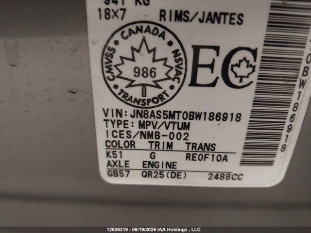 2011 Nissan Rogue Sv მანქანა იყიდება აუქციონზე, vin: JN8AS5MT0BW186918, აუქციონის ნომერი: 12636319
