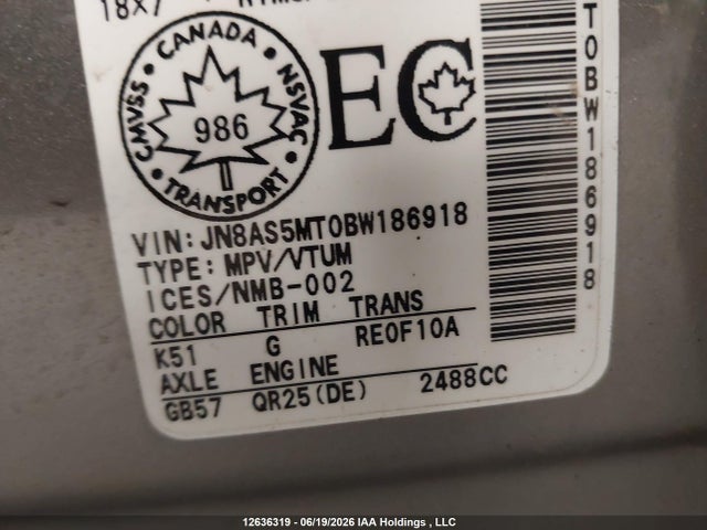 2011 Nissan Rogue Sv მანქანა იყიდება აუქციონზე, vin: JN8AS5MT0BW186918, აუქციონის ნომერი: 12636319