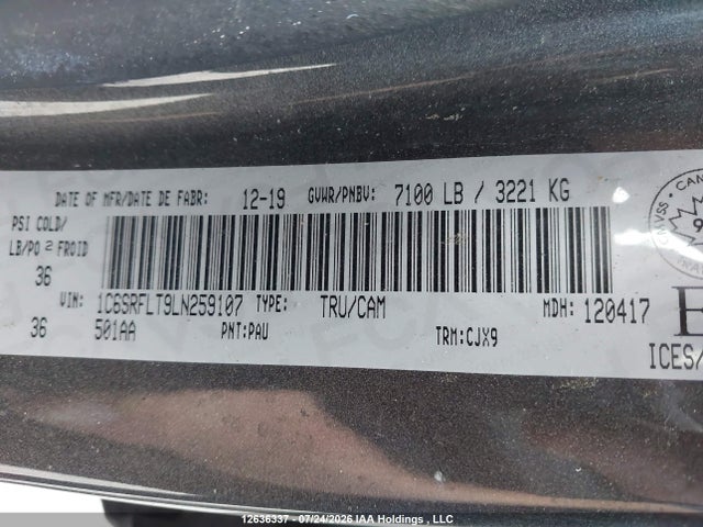 12636337 :رقم المزاد ، 1C6SRFLT9LN259107 vin ، 2020 Ram 1500 Rebel مزاد بيع