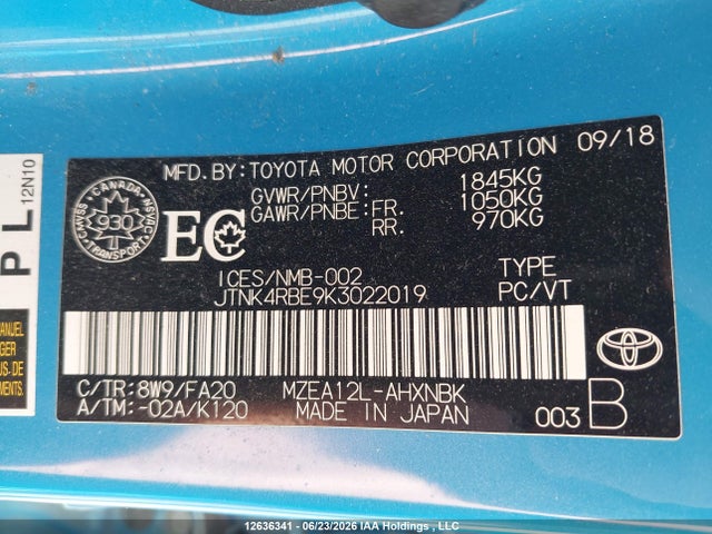 Aukcja sprzedaży 2019 Toyota Corolla, vin: JTNK4RBE9K3022019, numer aukcji: 12636341
