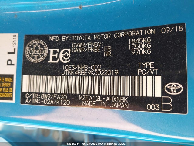 Aukcja sprzedaży 2019 Toyota Corolla, vin: JTNK4RBE9K3022019, numer aukcji: 12636341