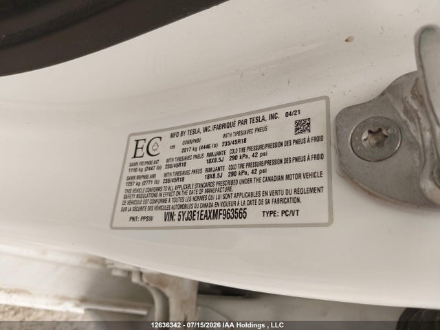 12636342 :رقم المزاد ، 5YJ3E1EAXMF963565 vin ، 2021 Tesla Model 3 مزاد بيع